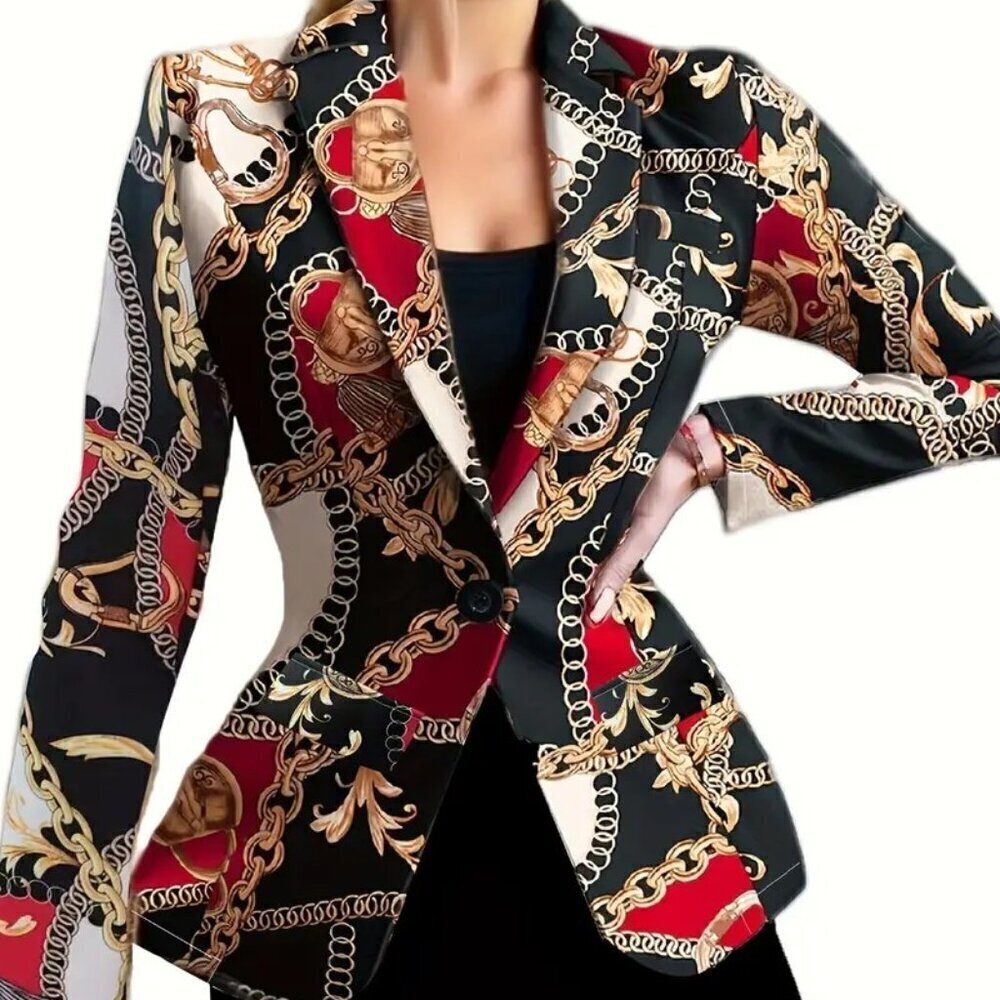Elegant Long Sleeve Chain Print One Button Blazer